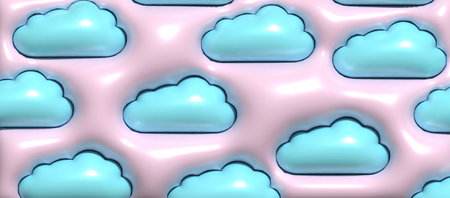 Abstract pink background with blue puffy clouds, 3D rendering illustrationの写真素材