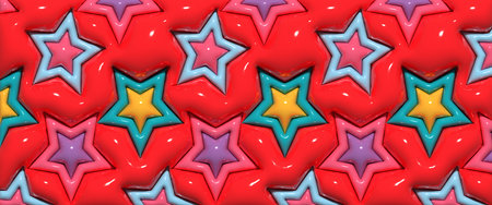 Abstract red background with stars, inflated shapes. 3d rendering illustration