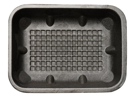 Black disposable polystyrene foam rectangular plate for packaging vegetables and meat on a white isolated background, top viewの写真素材