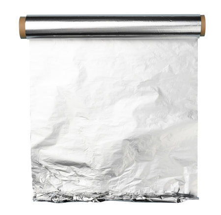 Roll of gray foil for baking and packaging food on a white background, close upの写真素材