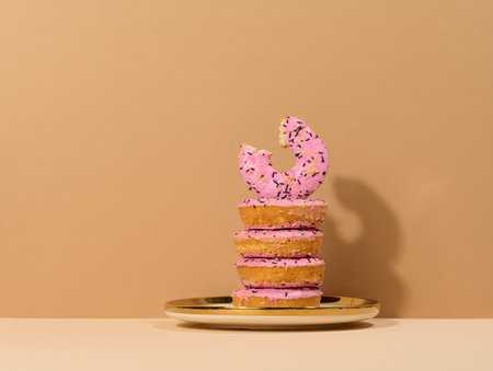 Donut covered with pink glaze and sprinkled with colorful sprinkles on a round plate, brown backgroundの写真素材