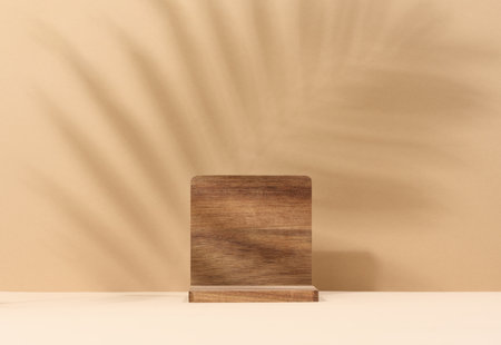 Wooden platform, shadow from a palm leaf on a brown background. Place for displaying cosmeticsの写真素材