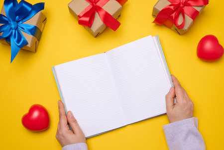An open notebook with empty white sheets and gift boxes around on a yellow background, top view. Festive background for wishの写真素材