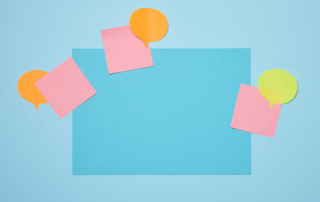 Blank rectangular sheet of paper on a blue background, coy spaceの写真素材
