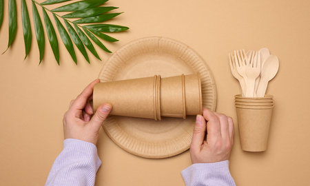 Paper plates and cups, wooden spoons and forks on a beige background, top viewの写真素材