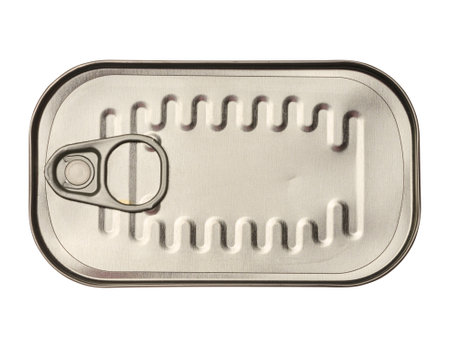 Metal rectangular tin can for fish and other products on an isolated background, top view