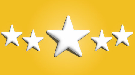Five white stars on a yellow background, service and service rating concept. 3D render illustrationの写真素材