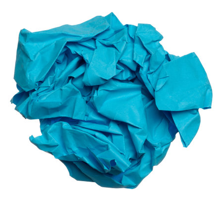 Blue crumpled ball of paper on a white isolated backgroundの写真素材
