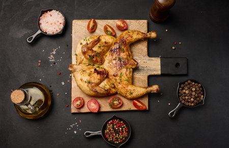 Whole fried chicken with spices on a wooden board on a black table, top viewの写真素材
