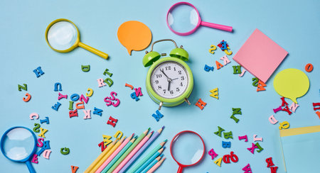 Stationery laid out on a blue background. Multi-colored felt-tip pens, alarm clock, sticky notes and...