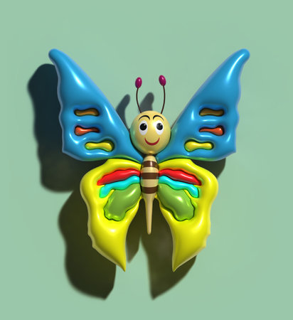 Butterfly with yellow blue wings, smile on face, 3D rendering illustrationの写真素材