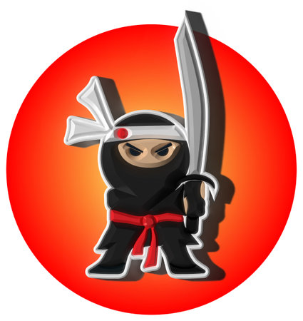 Ninja character in black suit and headband, sword in hands, red background. 3D rendering illustrationの写真素材