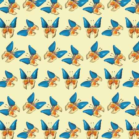 Butterfly with orange veins and antennae on yellow background. Repeating pattern, 3D rendering illustrationの写真素材
