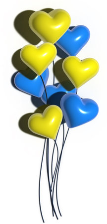 Yellow blue hearts with shadow on isolated background, 3D rendering illustrationの写真素材