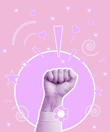 Female palm clenched into a fist on a pink background, victory and struggle for rightsの写真素材