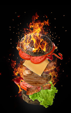 Cheeseburger with a piece of meat, tomato, green lettuce and a bun with sesame seeds on a black background with fireの写真素材