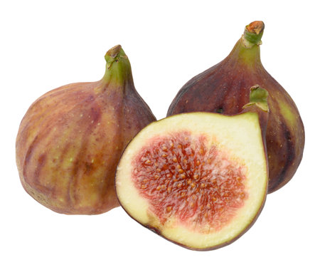 Whole and piece ripe purple figs on isolated background, close upの写真素材