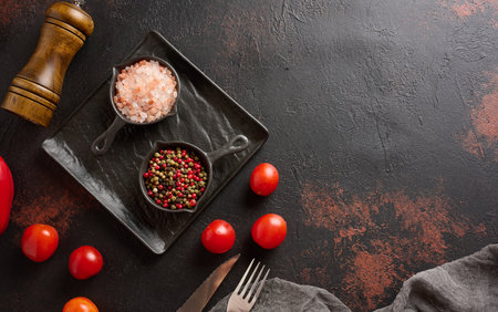 Culinary composition with kitchen utensils and spices, Himalayan salt, colorful peppercorns on the table. Top viewの写真素材