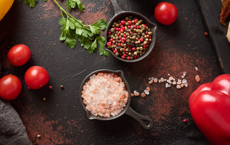 Culinary composition with kitchen utensils and spices, Himalayan salt, colorful peppercorns on the...