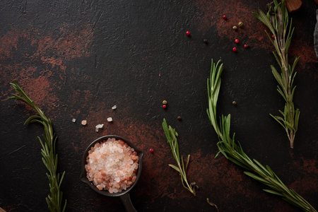 Culinary composition with kitchen utensils and spices, Himalayan salt, colorful peppercorns, fresh rosemary on the table. Top viewの写真素材