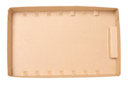 Empty brown corrugated cardboard box on isolated background, top view