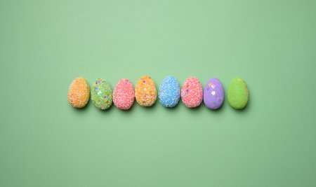 Multicolored decorative Easter eggs on green background, top view