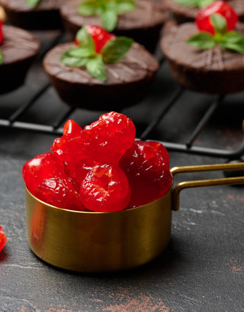 Candied red cherries in a copper bowl on a tableの写真素材