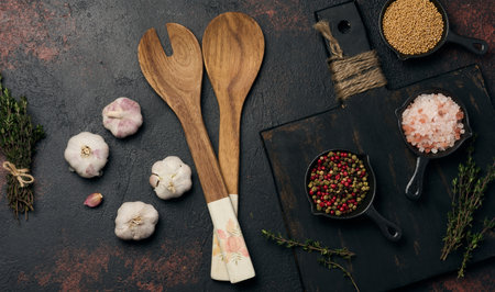 Wooden spoons for mixing salad and spices on table, top view