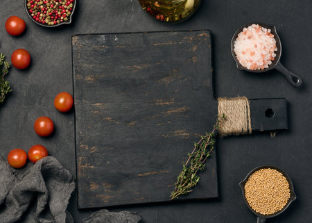 Black wooden board and spices on black background, salt and mustard, thyme. Top viewの写真素材