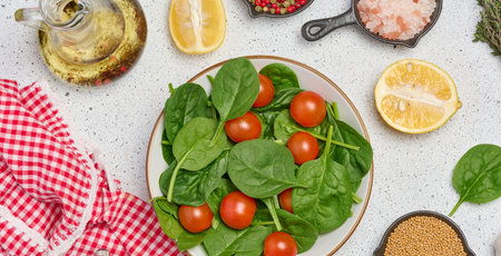 Salad of spinach leaves and cherry tomatoes in a round white plate on a white background, top viewの写真素材