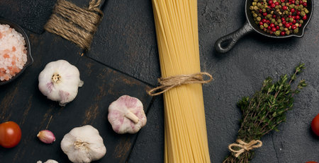 A bunch of spaghetti, herbs and garlic on a dark background, complemented with tomatoes and spices.の写真素材