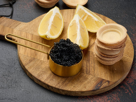 Black sturgeon caviar in copper bowl, lemon wedges and empty tartlets on table, top viewの写真素材