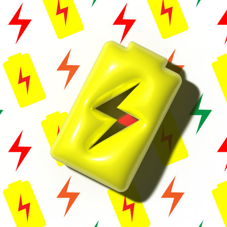 Yellow battery with lightning on white background, 3D rendering illustrationの写真素材