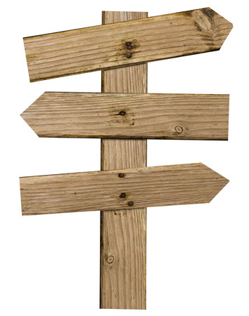 Brown wooden arrows with different directions on isolated backgroundの写真素材