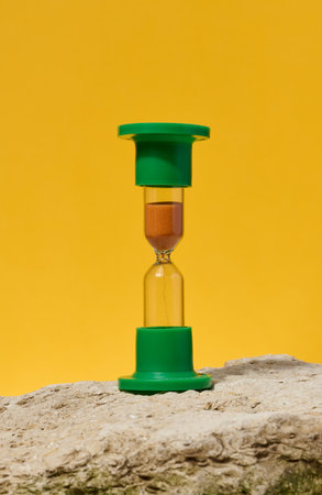 Hourglass standing on stone, yellow background