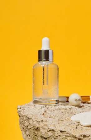 White glass bottle with pipette stands on stone, yellow backgroundの写真素材