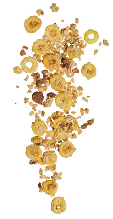 Crunchy breakfast cereal and oat granola mix, featuring puffed corn rings, toasted oats, and nuts. A...