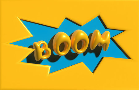 Boom inscription made of volumetric letters with a shiny surface, blue background, 3D rendering illustrationの写真素材