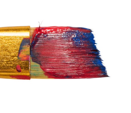 Brush with red oil paint on isolated background, bristles. Close upの写真素材
