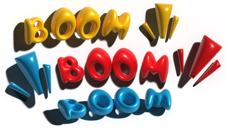 Boom inscription in different projections with shadow, smooth shiny surface, 3D rendering illustrationの写真素材
