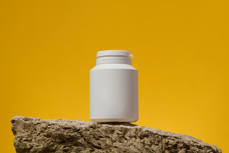 White plastic medicine jar on stone, yellow background. Mock upの写真素材