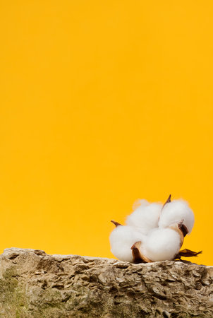 Stone and white cotton flower bud on yellow background, stage for advertising and product demonstrationの写真素材
