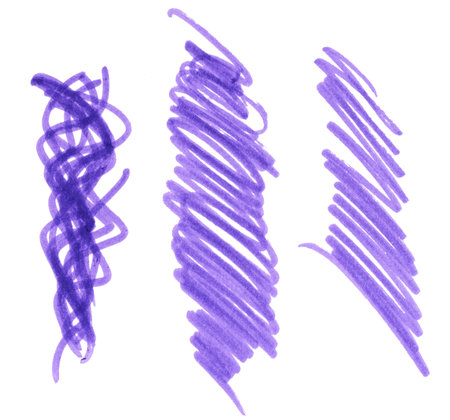 Purple marker strokes on a white background. The strokes vary in shape and style, from scribbles to lines.の写真素材