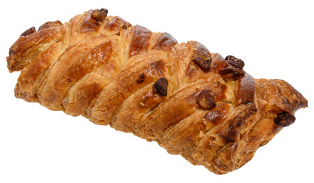 Rectangular pastry made from puff pastry with maple syrup and pecan nuts on a white background, close upの写真素材