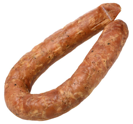 Smoked sausage with visible spices, isolated background. Delicious meat productの写真素材