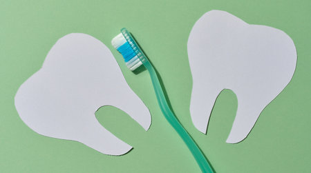 A green toothbrush is placed between two white paper cutouts of teeth on a light green background,...