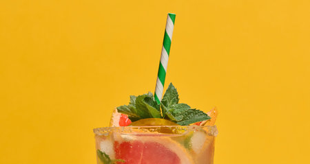 Top of clear glass with cold drink, grapefruit slices, ice and mint, with green striped straw, on yellow backgroundの写真素材