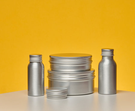 Aluminum jars and bottles for cosmetics and care. Minimalistic packaging on a bright yellow background, branding mockupの写真素材