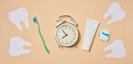 Oral hygiene set including toothbrush, toothpaste and dental floss, alarm clock, on beige background. Top viewの写真素材