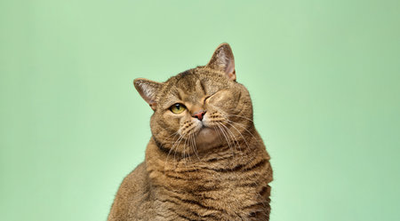 Shorthair gray cat with winking eye looking straight at camera on green background. playful moodの写真素材
